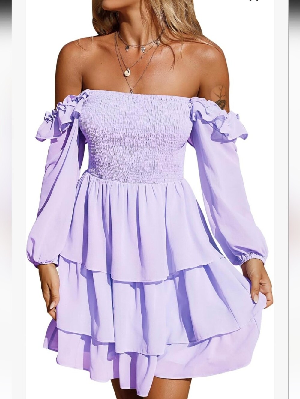 BYINN Lilac Ruffle-Sleeve Tiered Mini Dress